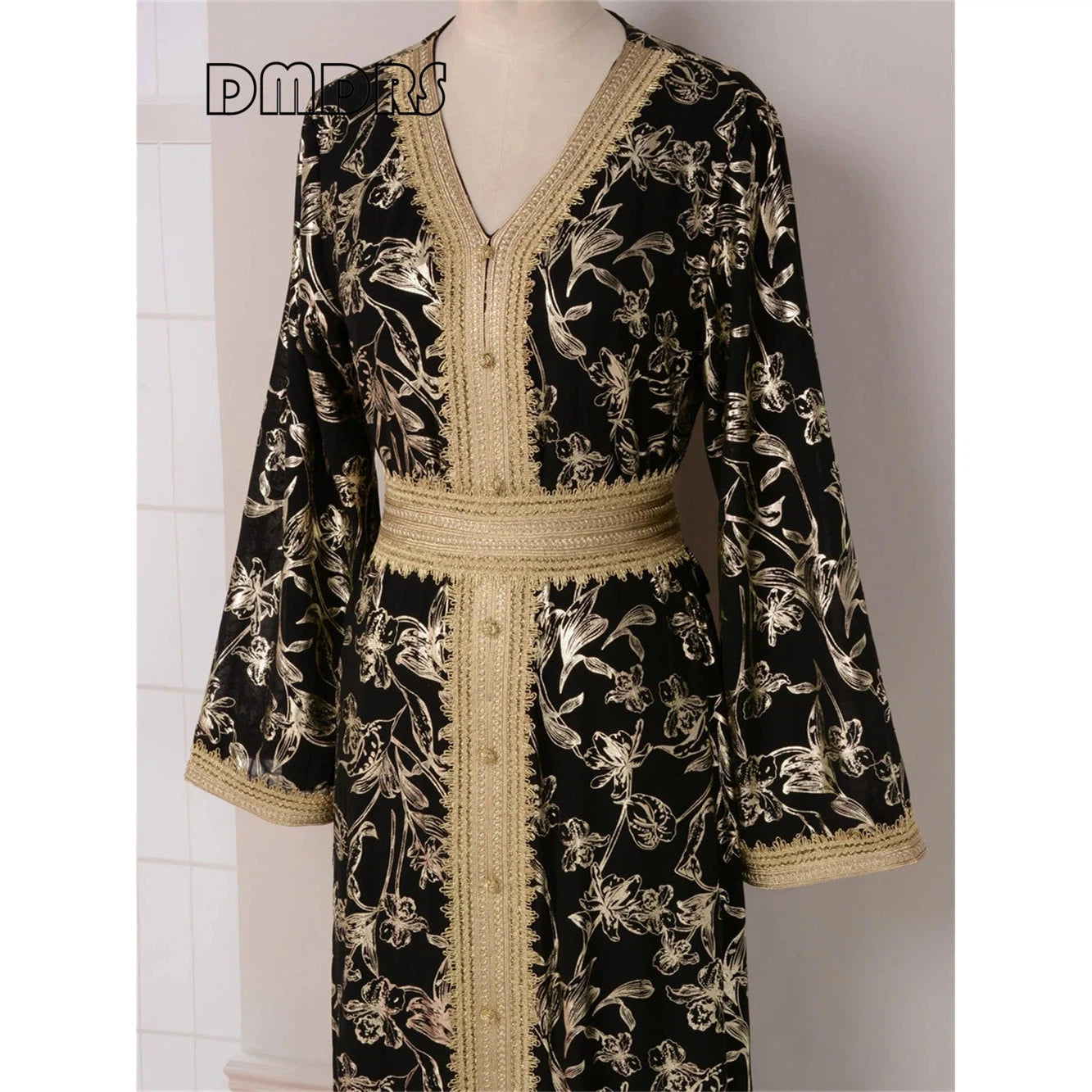 Long Gown Jalabiya Muslim & Arabic Women Dress, with Long Sleeves Floral Stamping V Neck Dresses