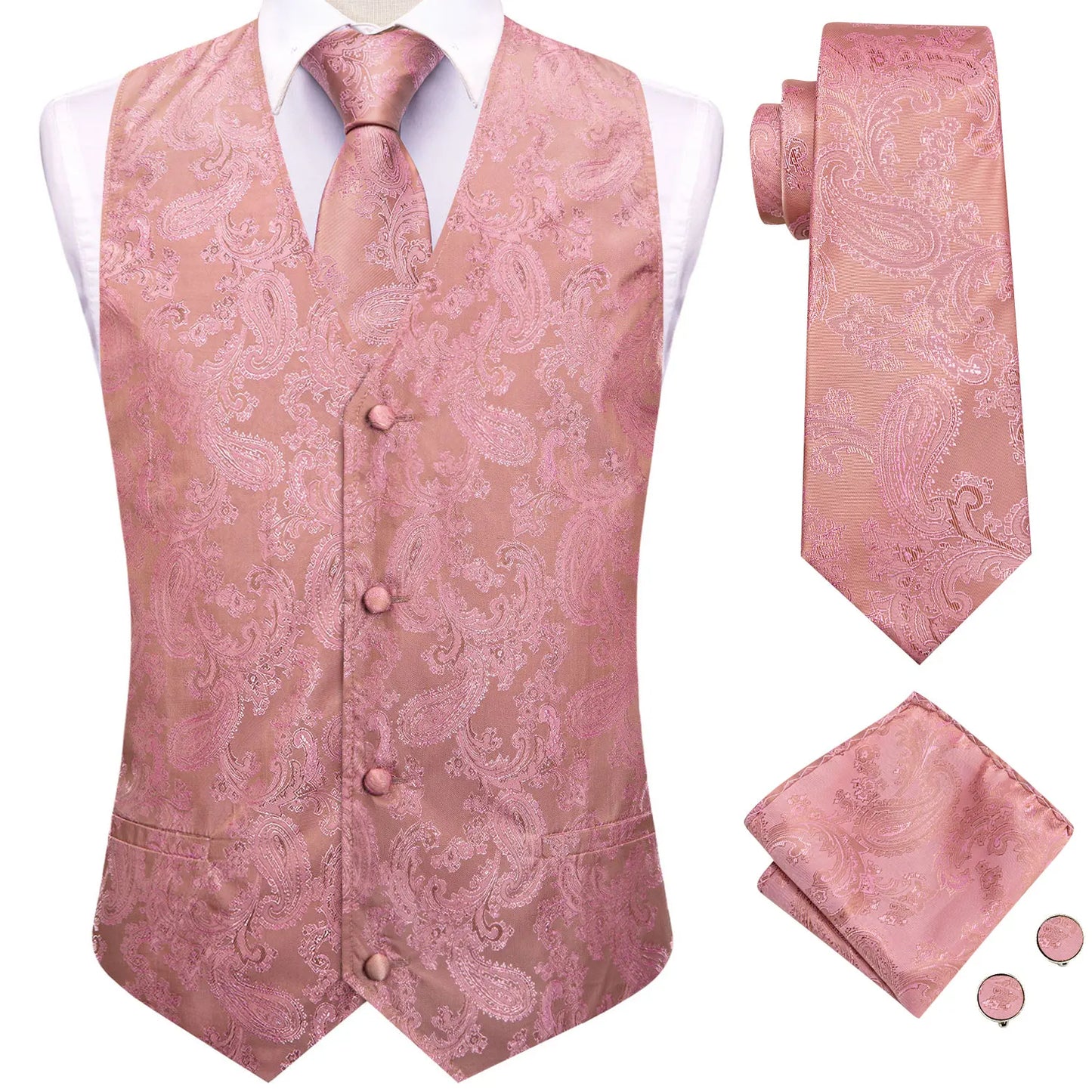 Men Suit Vests Hi-Tie Silk 4PC Woven Floral Black Waistcoat Tie Pocket Square Cufflink Business Wedding Dress Waist Jacket