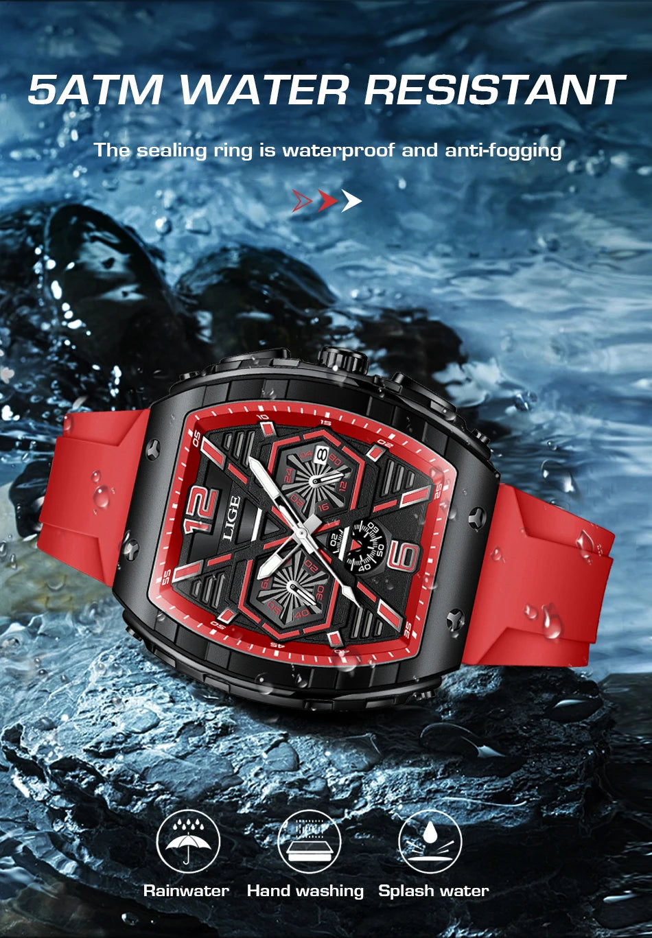 LIGE Top Brand Luxury Mens Watches Waterproof Sports Watch Silicone Strap Chronograph Quartz Wristwatch Relogio Masculino+BOX