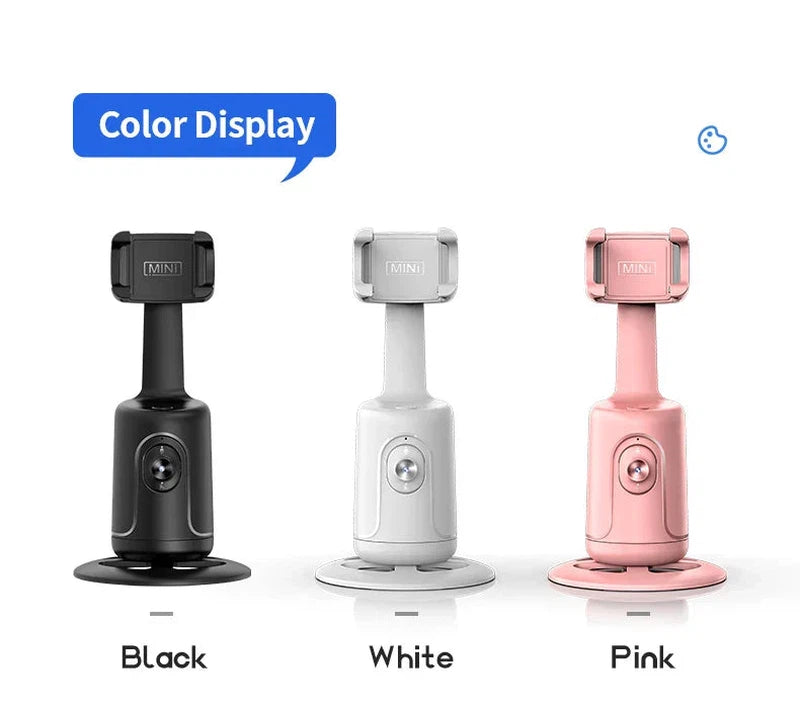 AI Tracking Gimbal 360 Rotation Desktop Handheld Stabilizer in black, white, and pink colors.