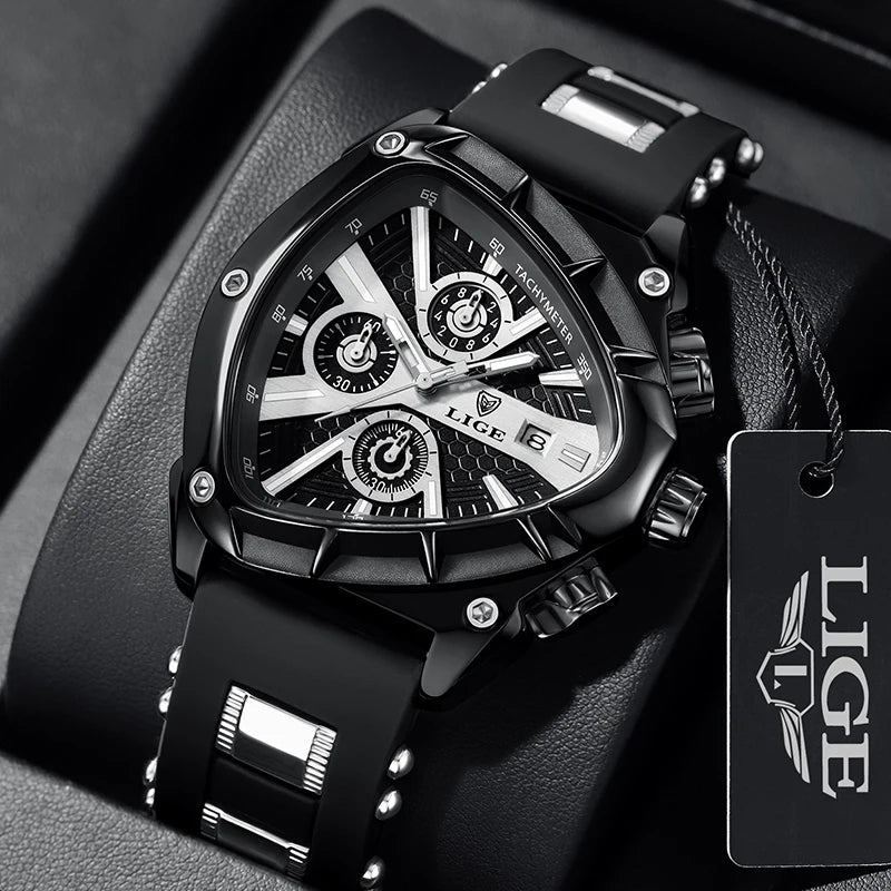 LIGE Fashion Men Watch Triangle Chronograph Military Wristwatch Sport Army Watches Luxury Waterproof Quartz Clock