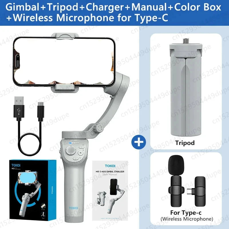 Gimbal Stabilizer with Fill Light for Smartphone, 3-Axis Anti Shake Handheld with Tripod and Accessories.