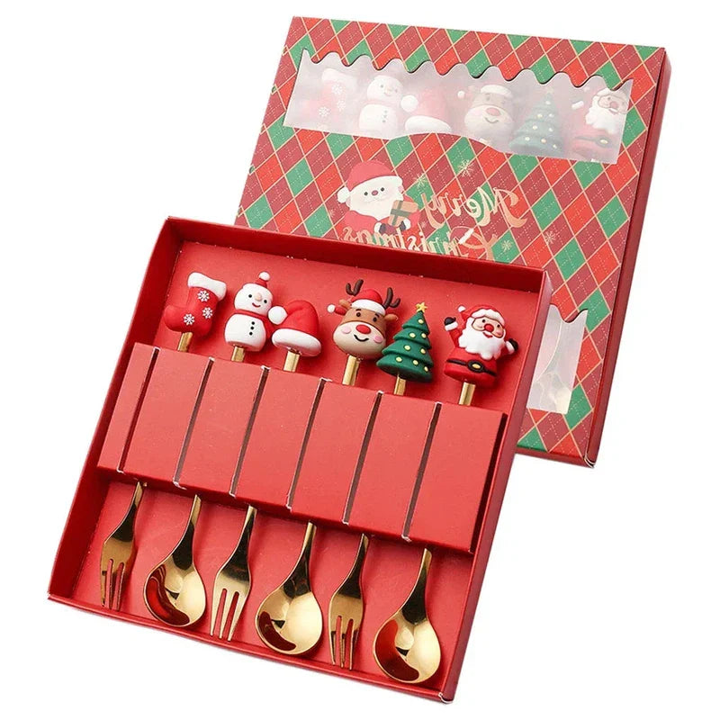 6-piece Christmas gift gold spoon and fork set with elk, snowman, and tree decorations for dessert and coffee.