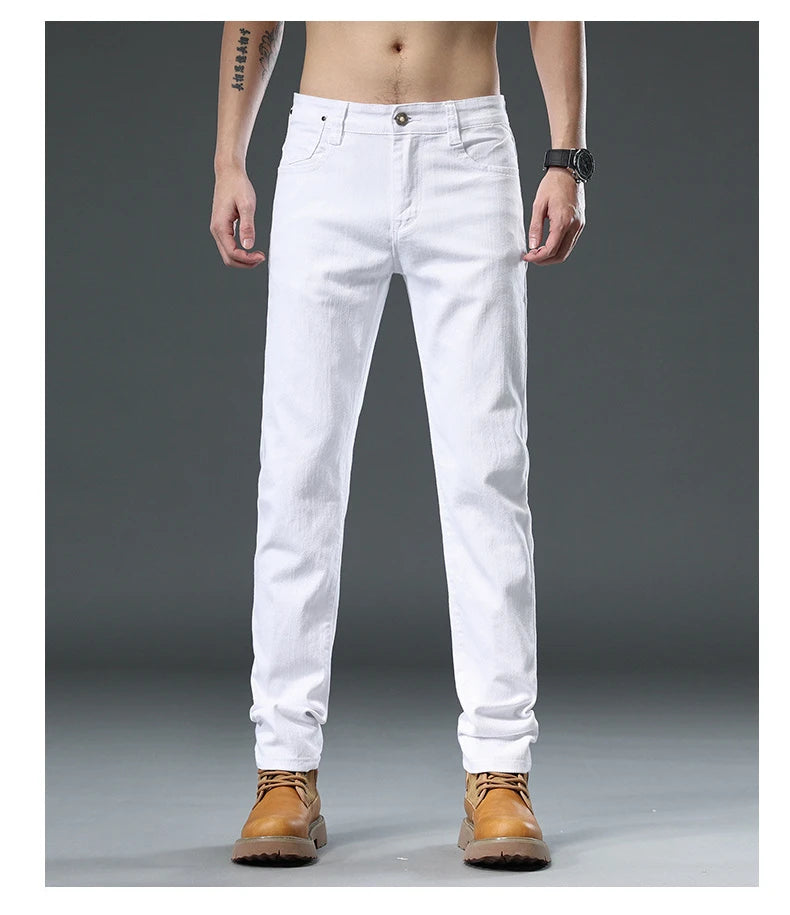 Men's Jean Slim Casual Jeans Pure White Stretch Straight Gentleman's Jeans Long Trousers Classic