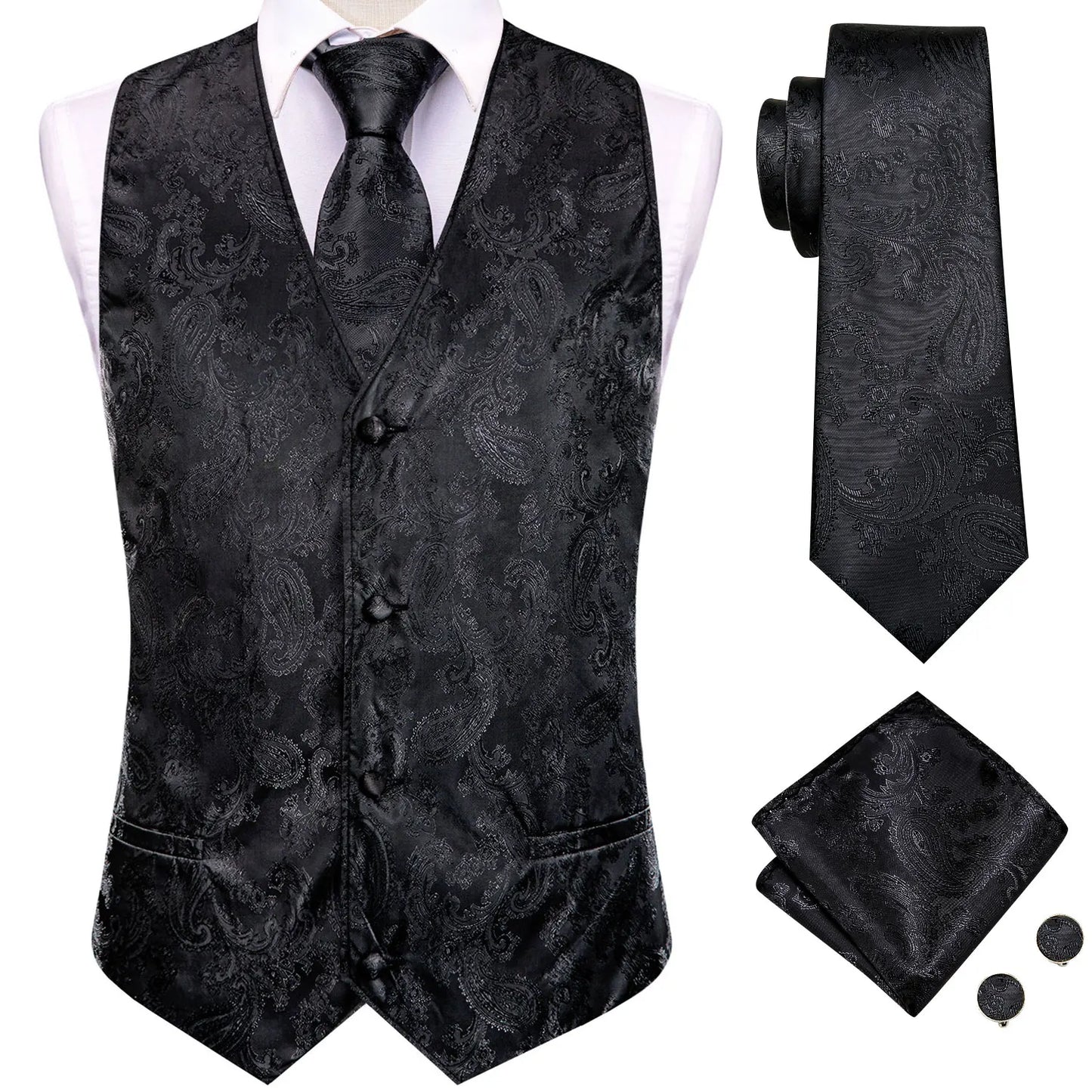 Men Suit Vests Hi-Tie Silk 4PC Woven Floral Black Waistcoat Tie Pocket Square Cufflink Business Wedding Dress Waist Jacket