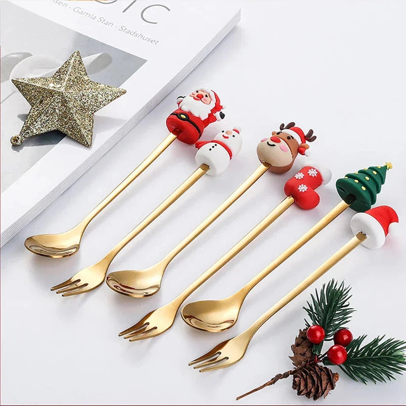 4/6Pcs Christmas coffee spoons forks set in stainless steel with festive designs in red/green gift box, perfect Christmas gifts for kids.