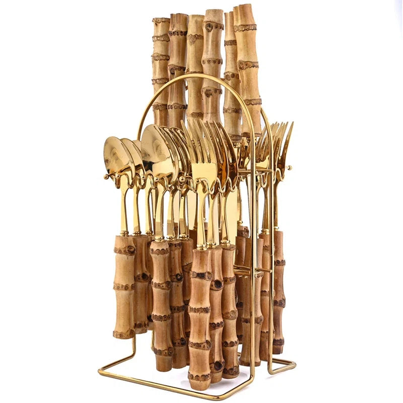 6/24 pcs bamboo handle stainless steel flatware set with rack, including knives, forks, and spoons.