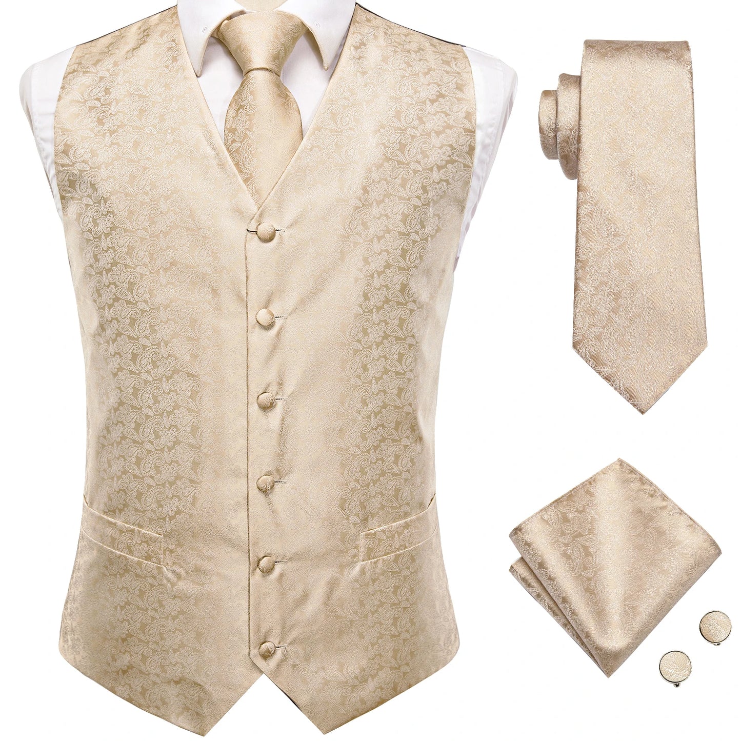 Men Suit Vests Hi-Tie Silk 4PC Woven Floral Black Waistcoat Tie Pocket Square Cufflink Business Wedding Dress Waist Jacket