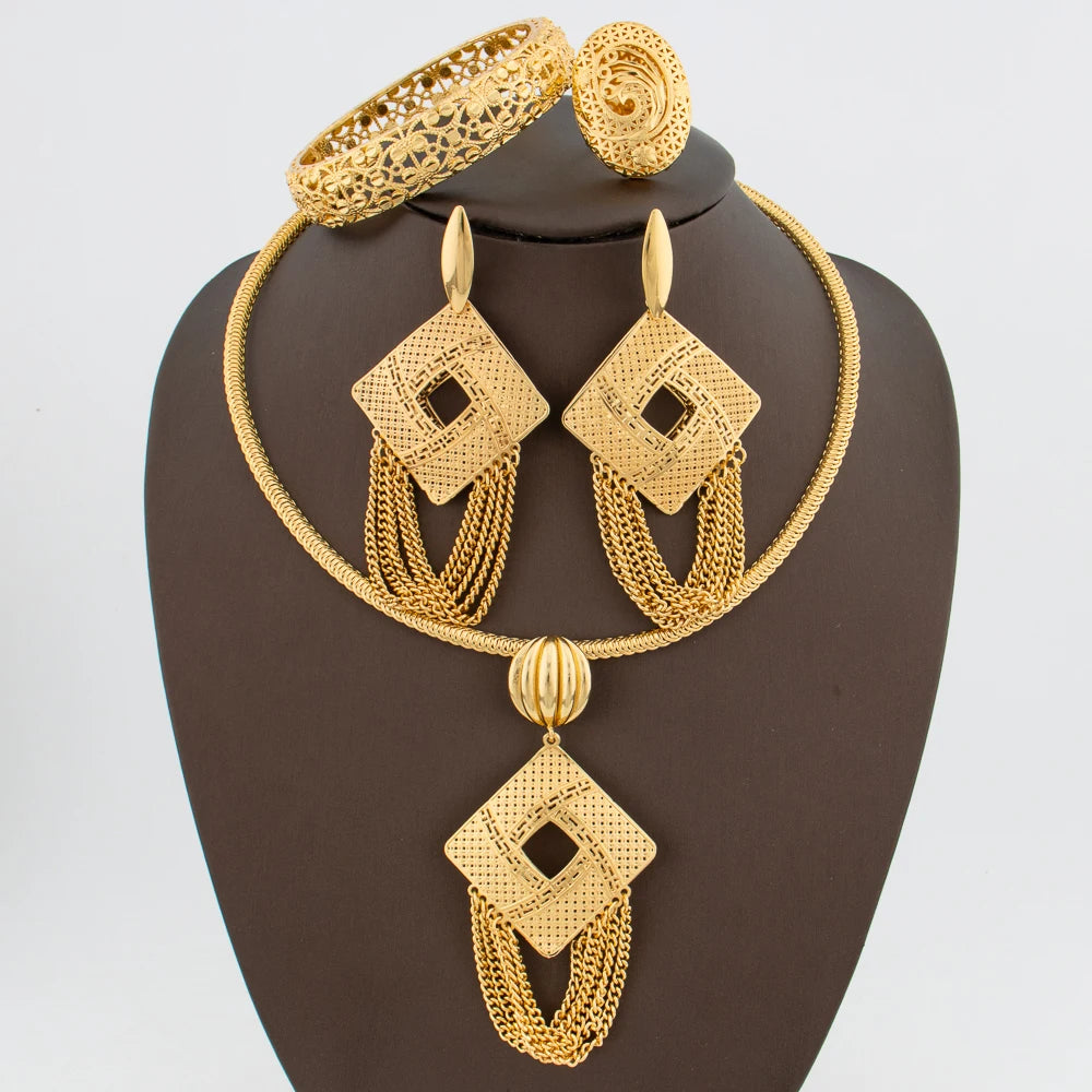 Gold Plated Jewelry Set for Women Dangle Earrings and Pendant Necklace with Bracelet Ring Set