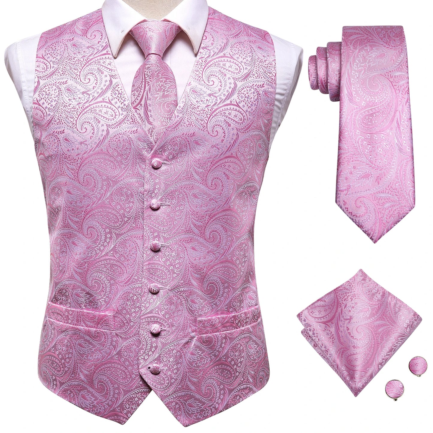 Men Suit Vests Hi-Tie Silk 4PC Woven Floral Black Waistcoat Tie Pocket Square Cufflink Business Wedding Dress Waist Jacket