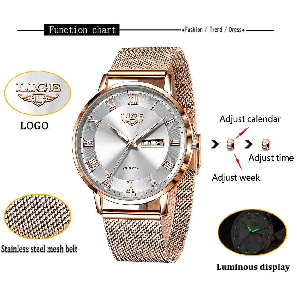 LIGE 2024 New Watch Women Luxury Watches Ladies Creative Steel Women's Bracelet Watches Female Waterproof Clock Relogio Feminino