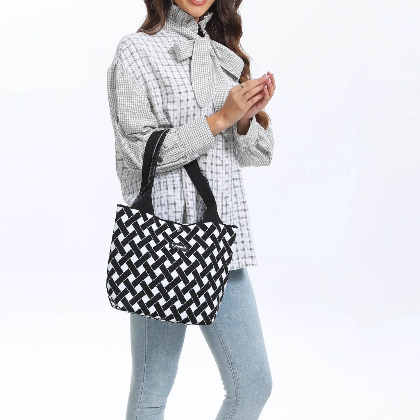 Ladies' classic tote bag, casual black and white handbag