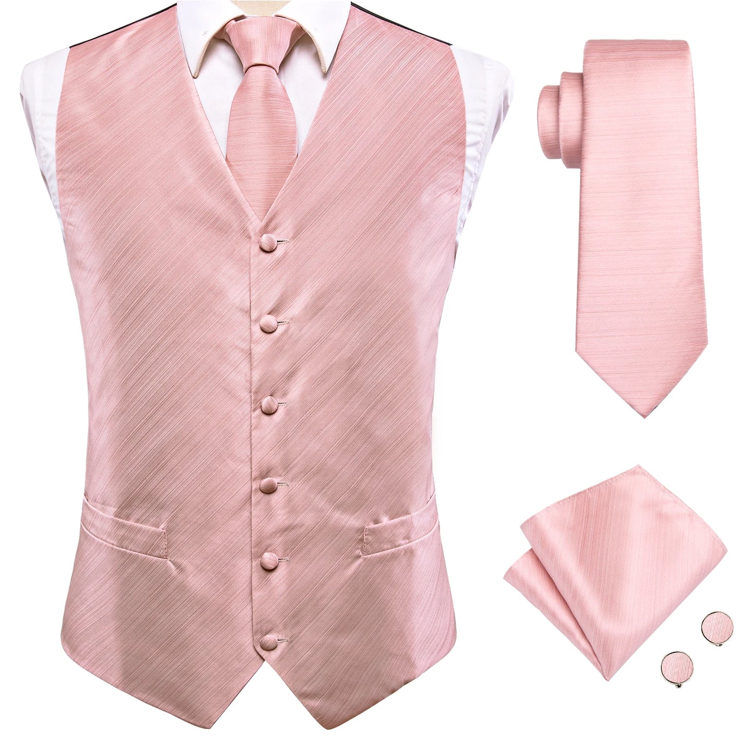 Men Suit Vest Hi-Tie Solid Voilet Lilac Silk 4PC Woven Waistcoat Tie Pocket Square Cufflink Business Wedding Dress Waist Jacket
