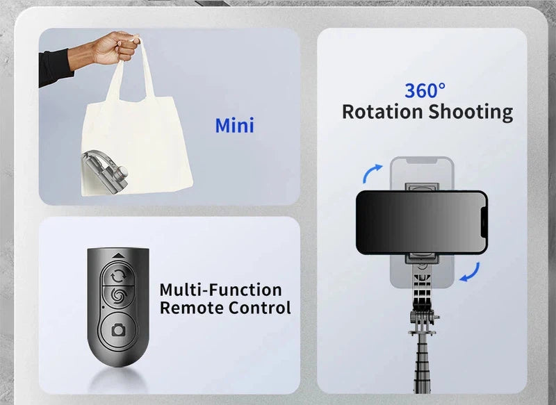 Selfie stick tripod with fill light, gimbal stabilizer, Bluetooth remote, extendable for smartphones.