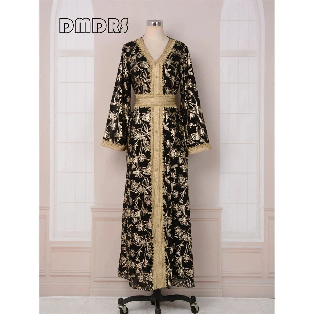 Long Gown Jalabiya Muslim & Arabic Women Dress, with Long Sleeves Floral Stamping V Neck Dresses