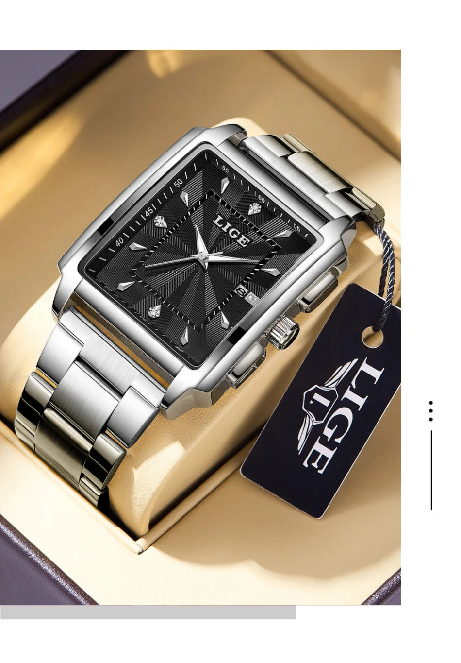 LIGE Gold Watch Men Square Mens Clock Top Brand Luxury Quartz Watches Stainless Steel Waterproof Wristwatch Relogio Masculino