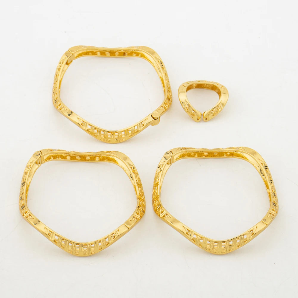Gold Color Jewelry 3Pcs/lot Bangles with Ring Set Hand Bracelet Cocktail