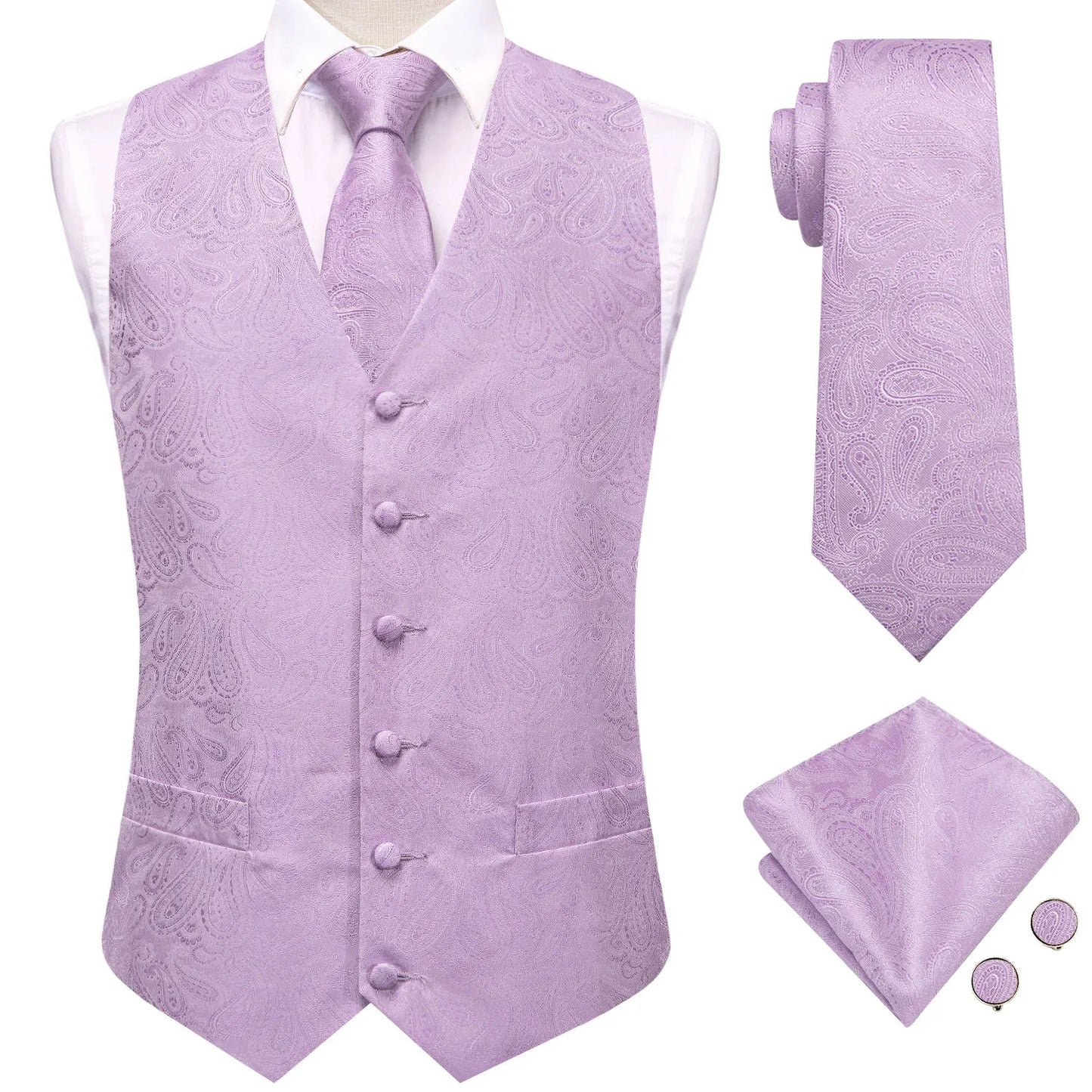 Men Suit Vest Hi-Tie Solid Voilet Lilac Silk 4PC Woven Waistcoat Tie Pocket Square Cufflink Business Wedding Dress Waist Jacket