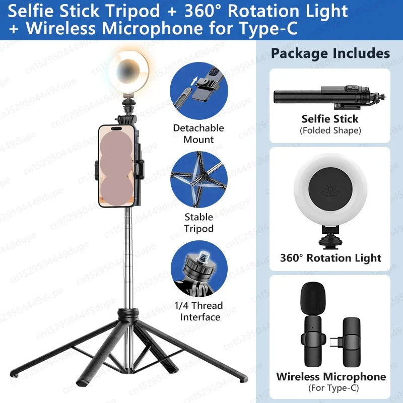 TOKQI Extendable Tripod with Bluetooth Remote, 72-inch monopod, phone holder, stable tripod, detachable mount, 360° rotation light, wireless microphone for Type-C.