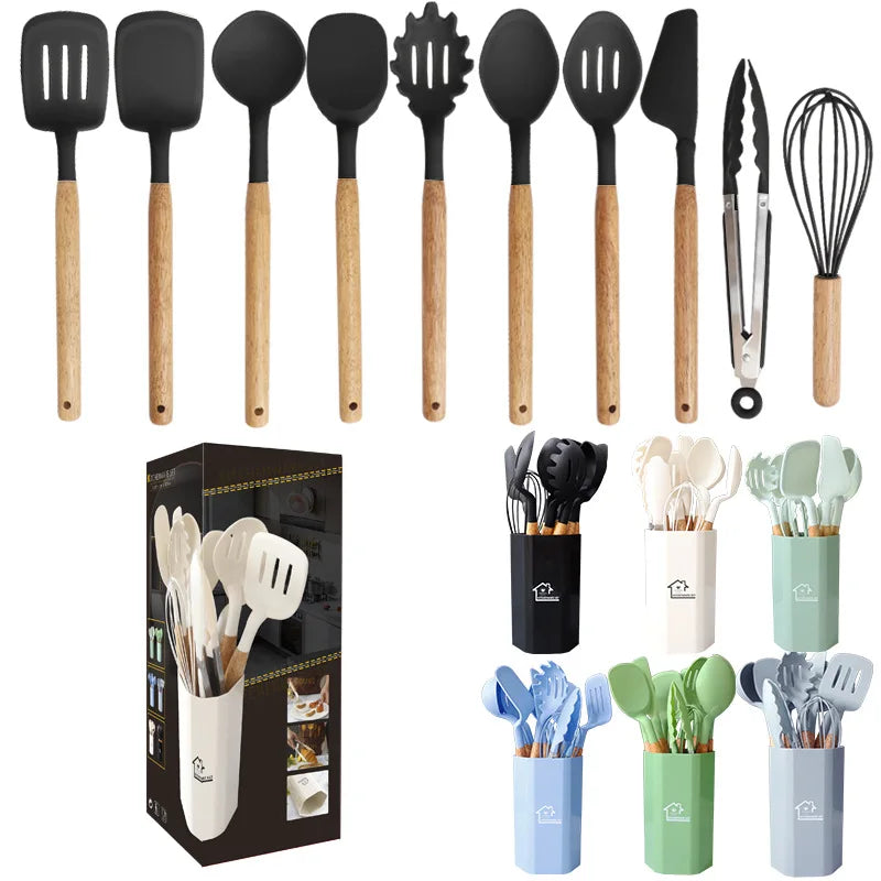 11-piece silicone cooking utensils set with wooden handles, includes spatula, shovel, and egg beaters, non-stick and eco-friendly.