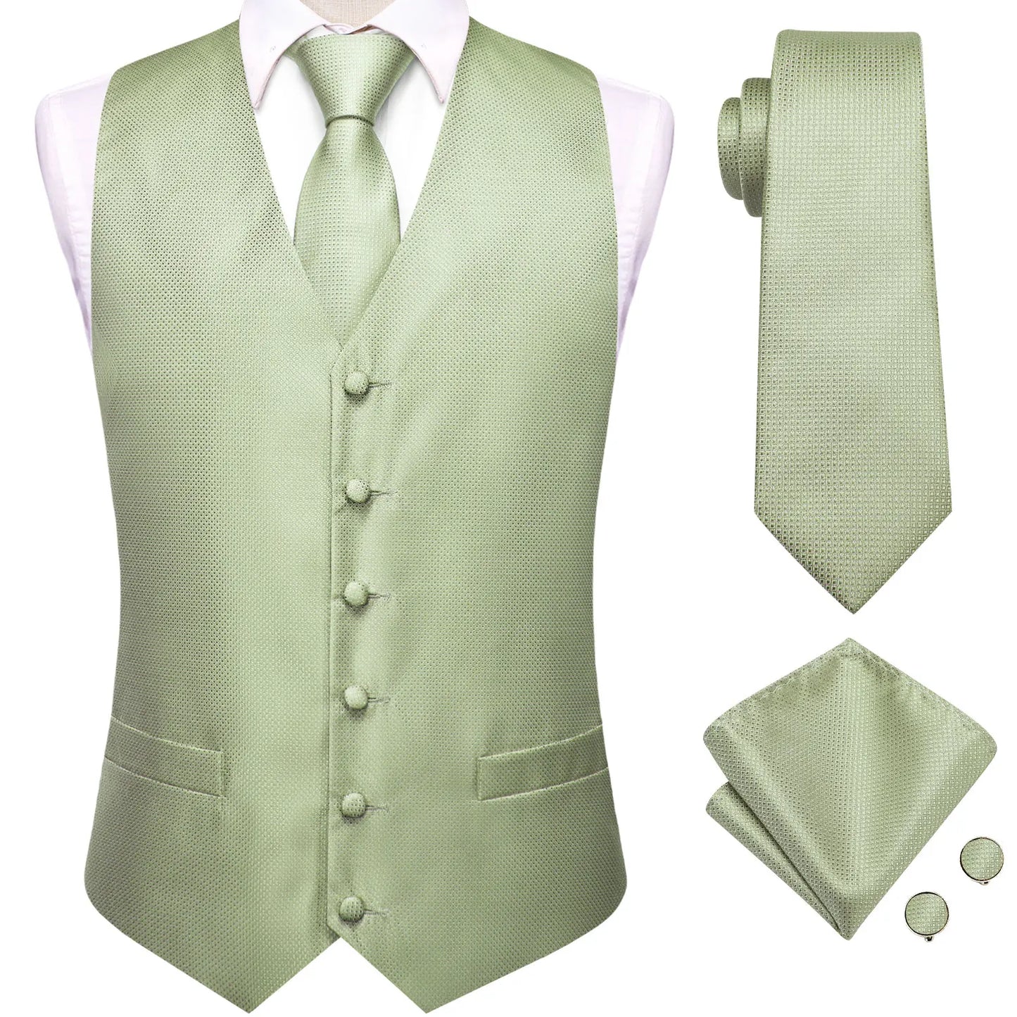 Men Suit Vest Hi-Tie Solid Voilet Lilac Silk 4PC Woven Waistcoat Tie Pocket Square Cufflink Business Wedding Dress Waist Jacket