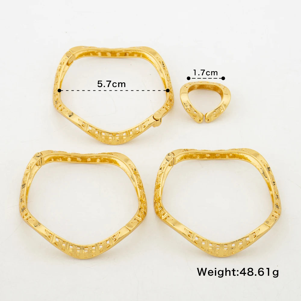 Gold Color Jewelry 3Pcs/lot Bangles with Ring Set Hand Bracelet Cocktail
