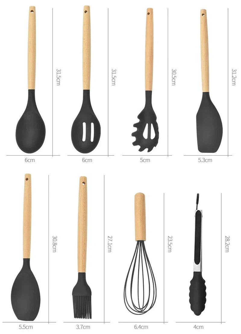 12-piece non-stick silicone kitchen utensil set with wooden handles, including spatula, shovel, and egg beaters.