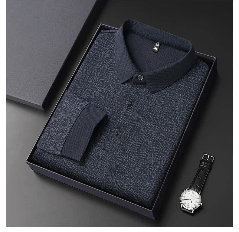 Men's Polo Shirt Hollow Printing Lapel Long-sleeved Business Fashion Male T-Shirt Golf Bottoming Shirt Top