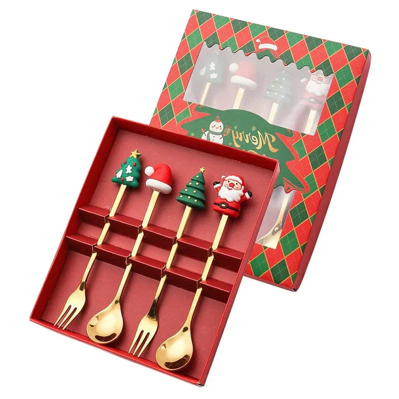 Christmas Gift Set of 2 or 4 or 6 Pieces Gold Spoon Fork Tree Decoration Fruit Fork and Coffee Spoon elk designs