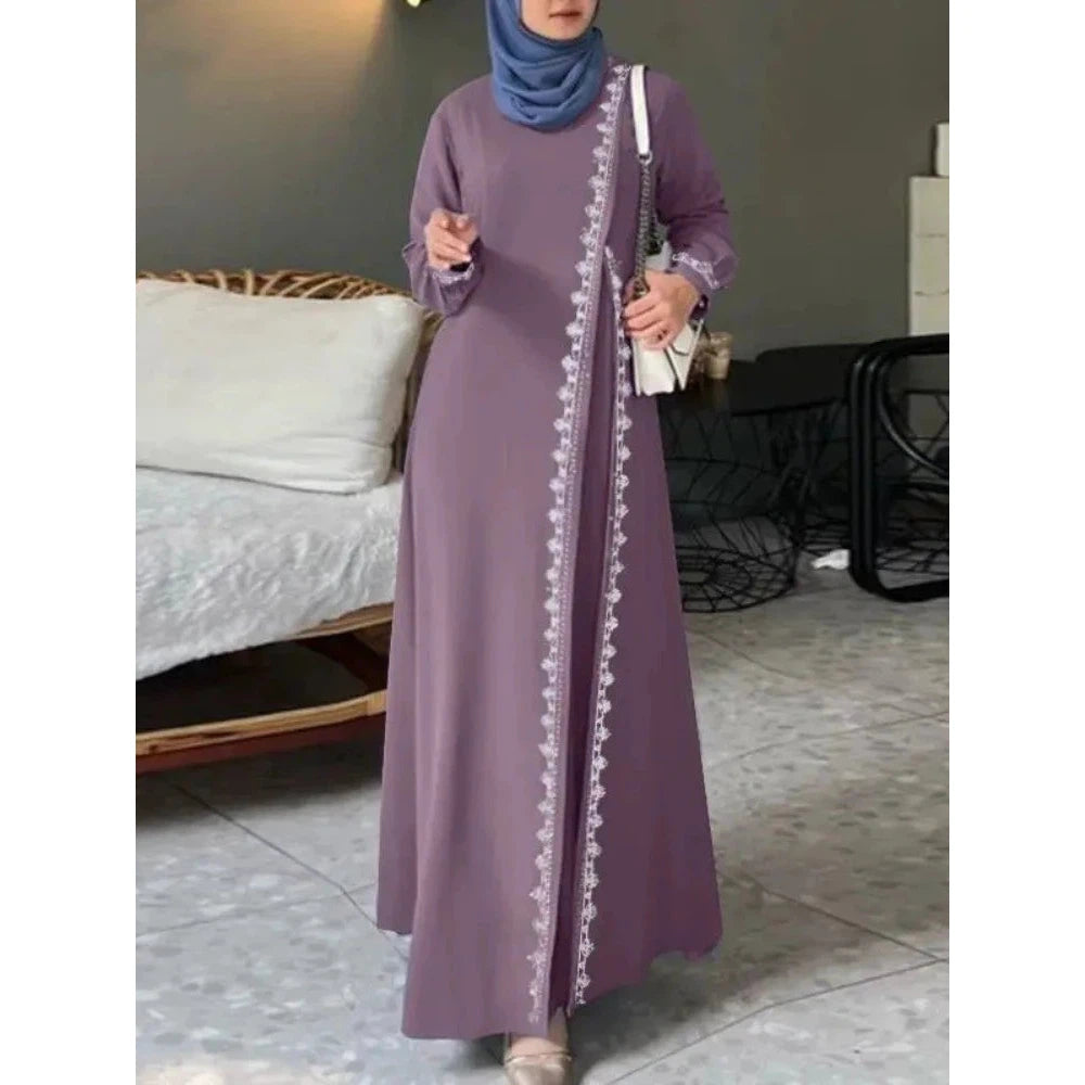 Abaya Muslim Fashion Long Sleeve O Neck Abaya Women Elegant Lace Patchwork Long Dresses