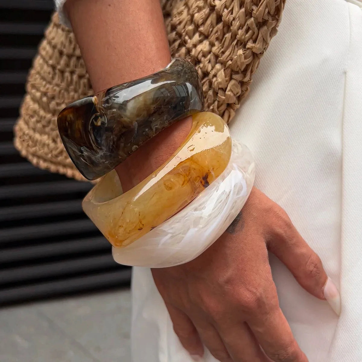 KMVEXO Vintage Chunky Coffee Thick Resin Acrylic Smudging Bangles Geometric Irregular Bangle Bracelets