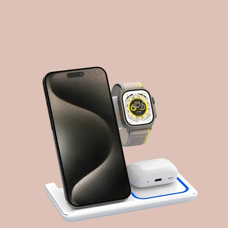 30W magnetic wireless charger stand for iPhone 15/14/13/12 Pro Max, Apple Watch 8/7, and Airpods Pro; 3-in-1 fast charging station with LED light and cooling fan.