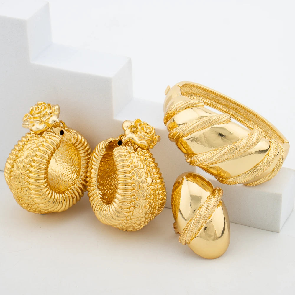 Golden Plated Dangle Earring and Bangle Ring Jewelry Set Bride Jewelry Set