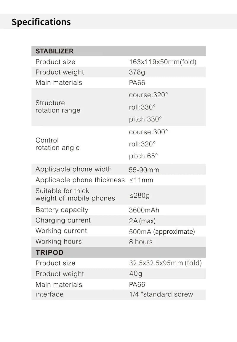 Specifications for the TOKQI 3-axis gimbal stabilizer, including size, weight, and battery details.