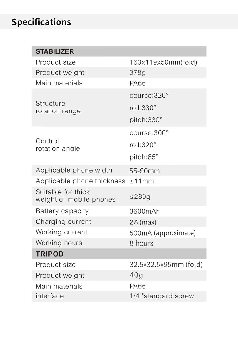 Specifications of TOKQI M01 handheld 3-axis gimbal phone holder.