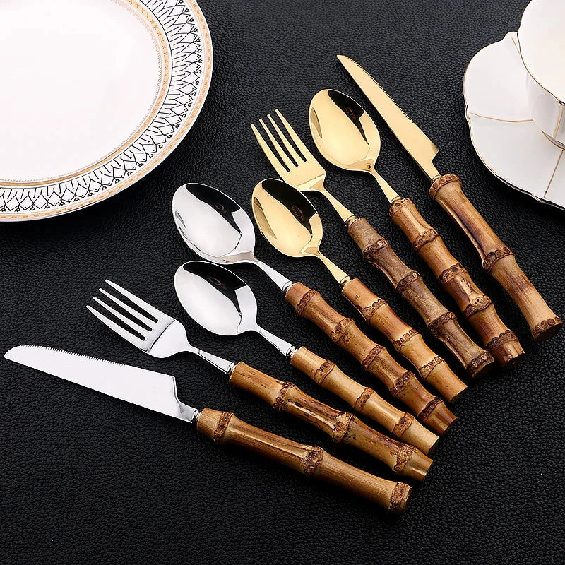 6/24Pcs bamboo handle stainless steel dinnerware set with knife, fork, spoon, and luxury cutlery rack.