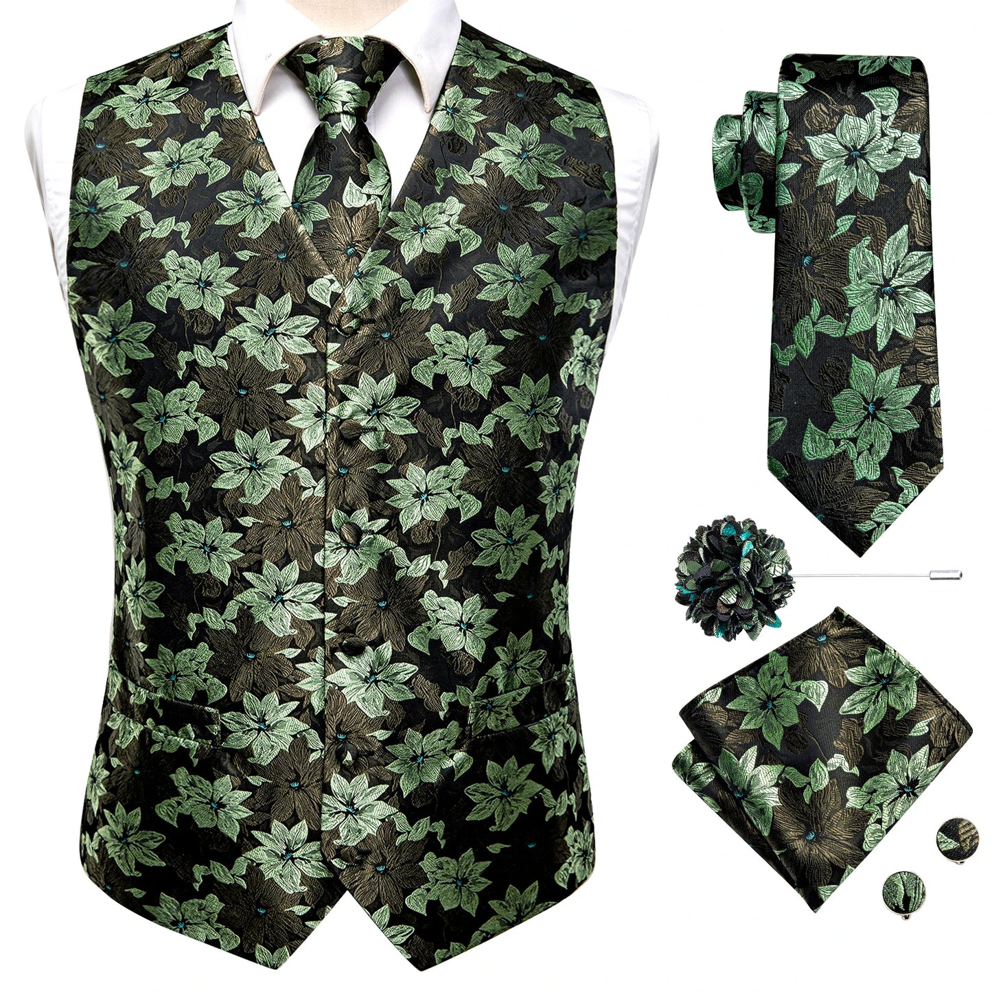 Men Suit Vests Hi-Tie Silk 4PC Woven Floral Black Waistcoat Tie Pocket Square Cufflink Business Wedding Dress Waist Jacket