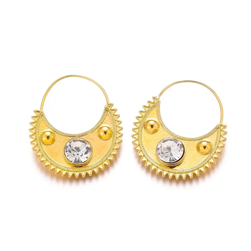 Gold Color Ethiopian Zircon Clip Earrings for Women and Girls, Classic Round Design, Copper Metal.