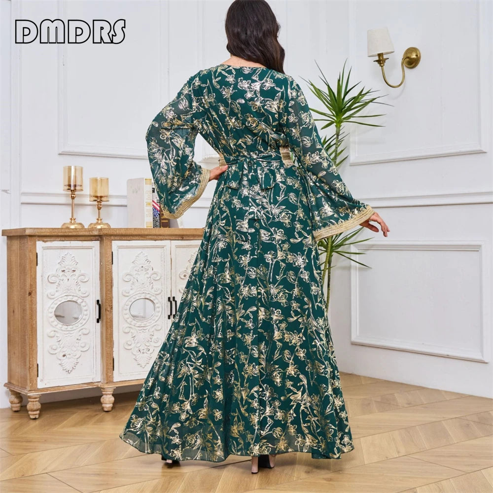 Long Gown Jalabiya Muslim & Arabic Women Dress, with Long Sleeves Floral Stamping V Neck Dresses