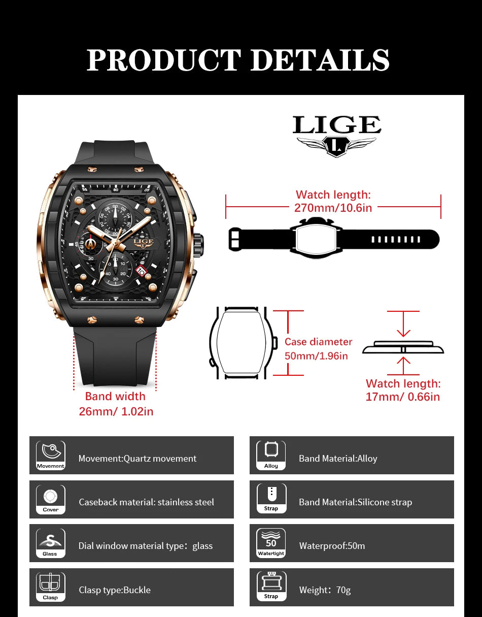 LIGE Top Brand Luxury Men's Watches Fashion Square Waterproof Men's Quartz Wristwatches Military Sports