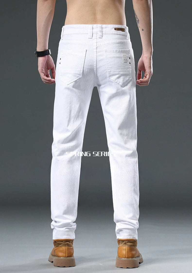 Men's Jean Slim Casual Jeans Pure White Stretch Straight Gentleman's Jeans Long Trousers Classic