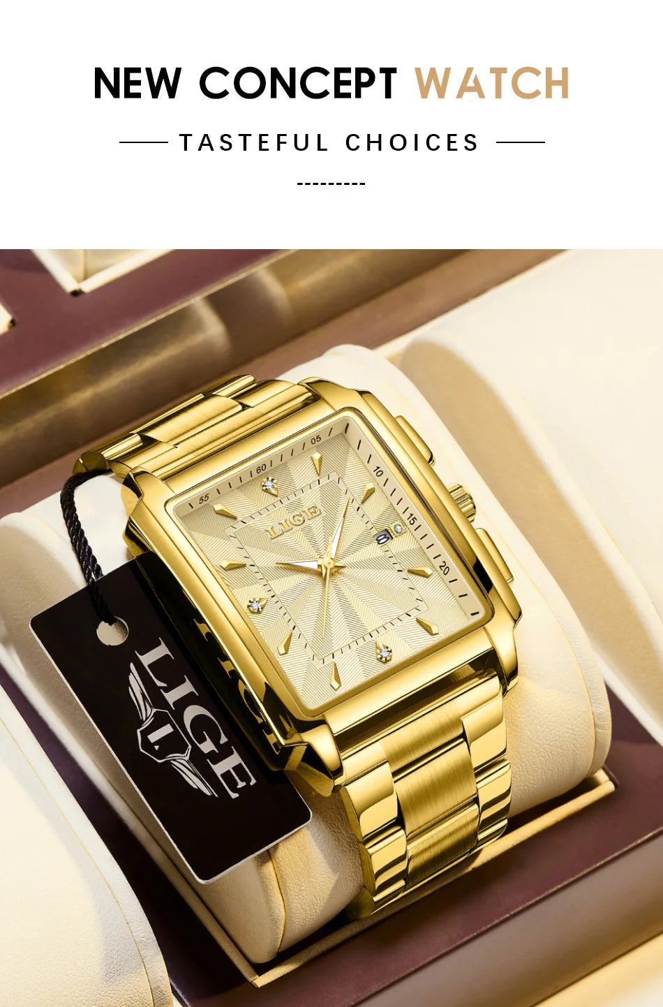 LIGE Gold Watch Men Square Mens Clock Top Brand Luxury Quartz Watches Stainless Steel Waterproof Wristwatch Relogio Masculino