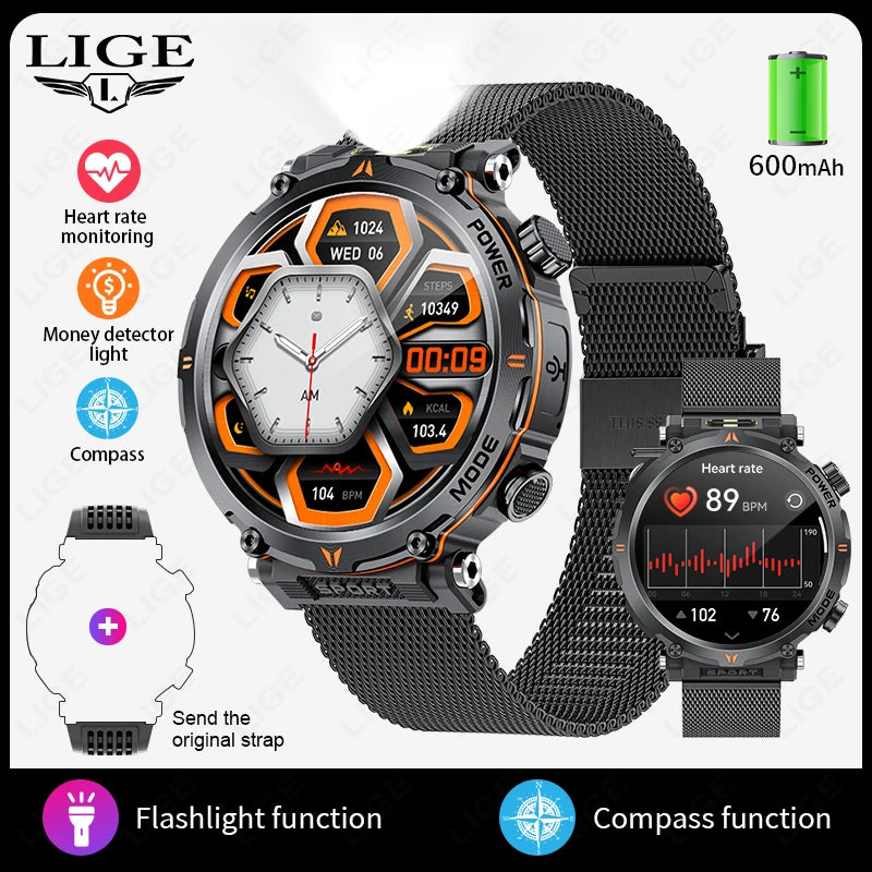 Smart Watch, LIGE New 600mah Battery LED Flashlight Compass Military Sport Watches Bluetooth Call Waterproof