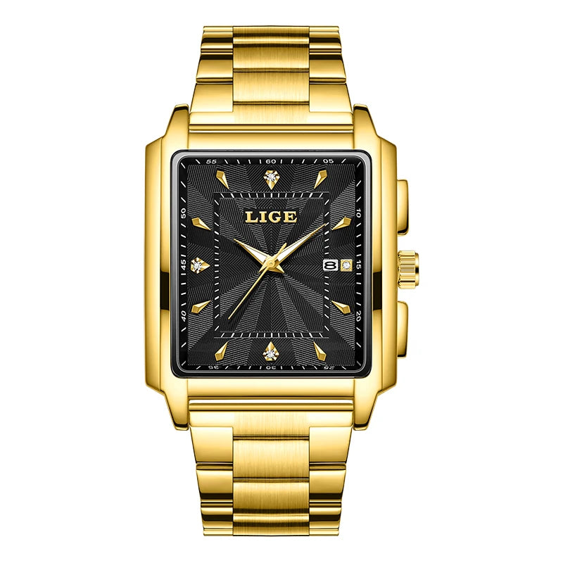 LIGE Gold Watch Men Square Mens Clock Top Brand Luxury Quartz Watches Stainless Steel Waterproof Wristwatch Relogio Masculino