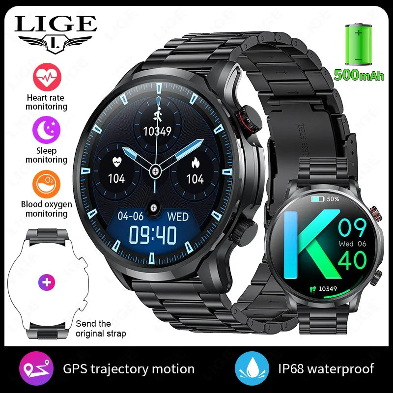 LIGE Smart Watch 1.95 inch Large Screen Bluetooth Calling Health Monitoring 500mAh Large Battery AI Voice Men Smartwatch EX100