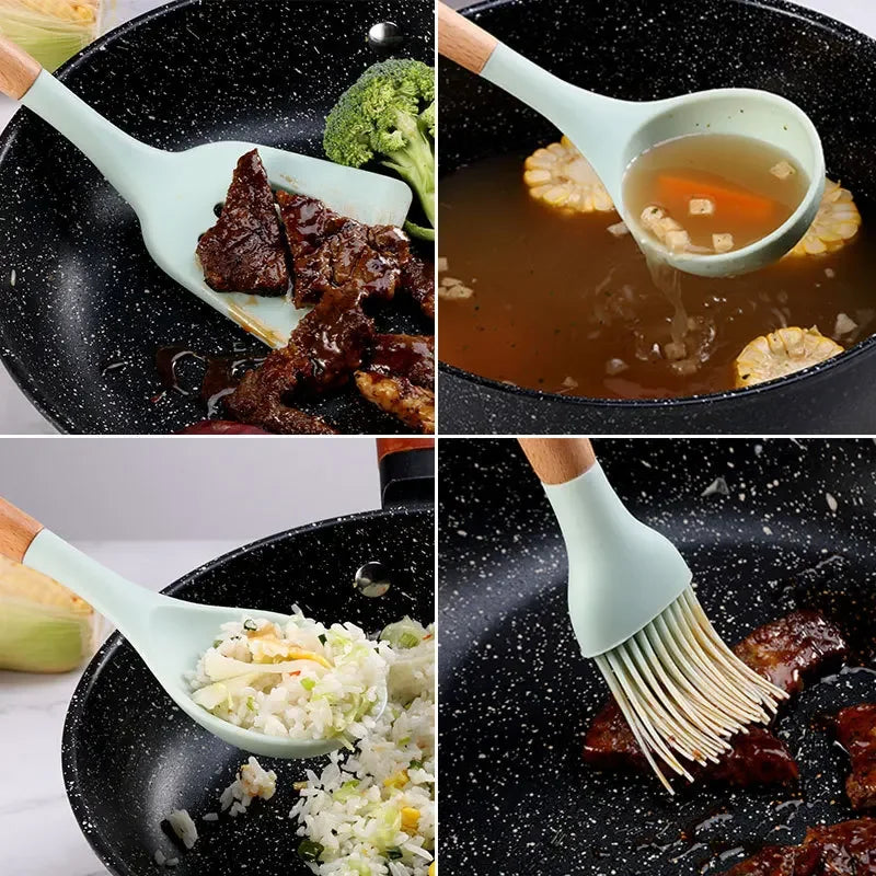 Silicone non-stick kitchen utensils set with wooden handles in use.