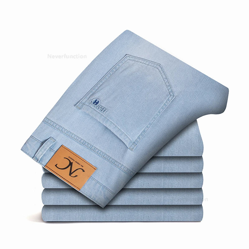 Men's Jean Pant Ultra-thin Light Blue Lyocell Fabric Breathable Loose Straight Business Casual Male Denim Trousers