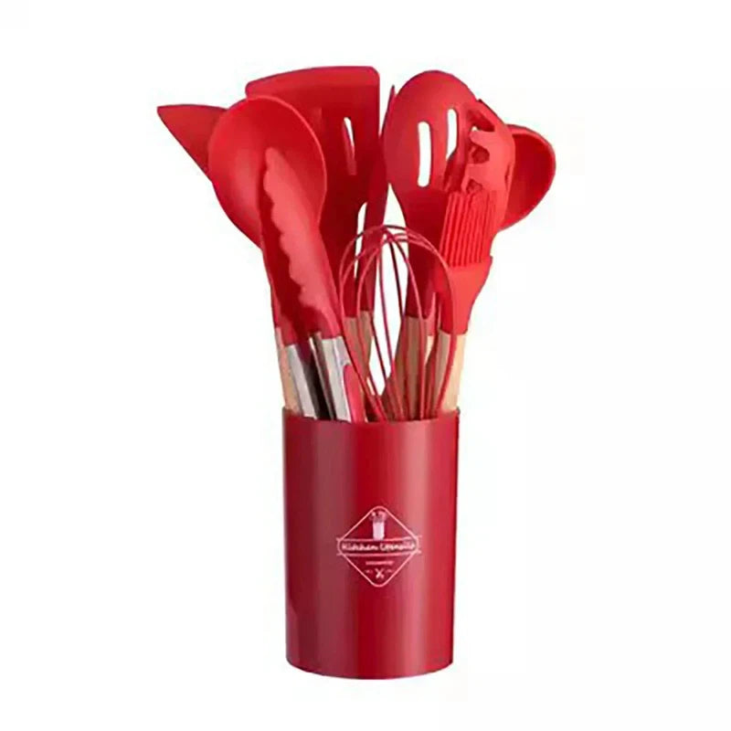 12-piece silicone kitchen utensil set with red wooden handle bucket and high temperature resistance.