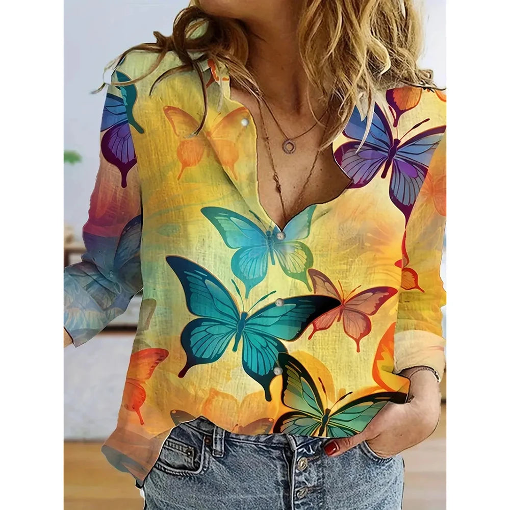 Spring Women's Long Sleeve Shirts Fashion Christmas Cartoon Print Single Breasted Shirts Popular Women's Casual Basic Tops