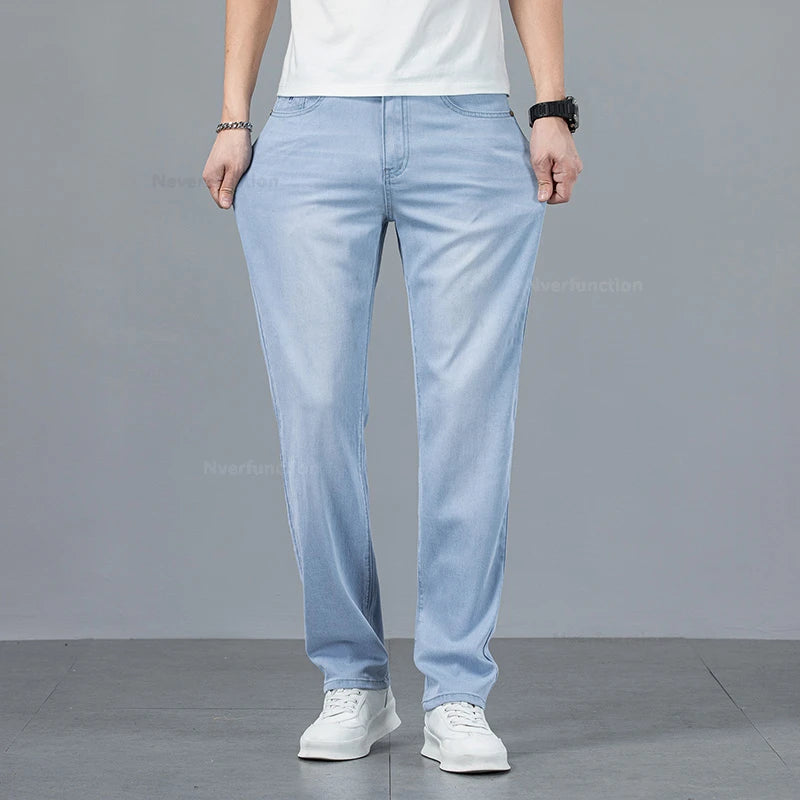 Men's Jean Pant Ultra-thin Light Blue Lyocell Fabric Breathable Loose Straight Business Casual Male Denim Trousers